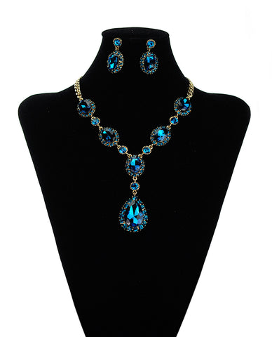 nyfashion101 Hanging Encircled Teardrop Turquoise Stone and Dangling Earrings Set in Gold-Tone