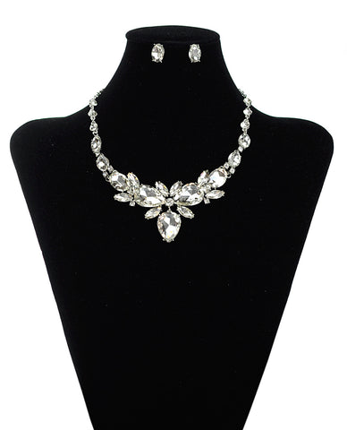 Nyfashion101 Hanging Inverted Teardrop Clear Stone Necklace And Stud Earrings Set In Silver-Tone