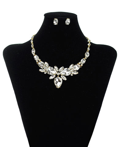 Nyfashion101 Hanging Inverted Teardrop Clear Stone Necklace And Stud Earrings Set In Gold-Tone