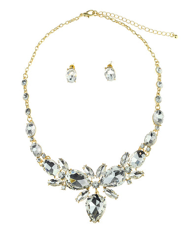 nyfashion101 Hanging Inverted Teardrop Clear Stone Necklace and Stud Earrings Set in Gold-Tone