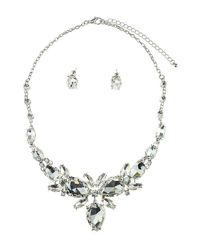 nyfashion101 Hanging Inverted Teardrop Clear Stone Necklace and Stud Earrings Set in Silver-Tone