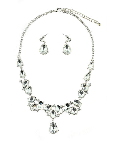 Nyfashion101 Hanging Teardrop Clear Stone Necklace And Dangling Earrings Set In Silver-Tone