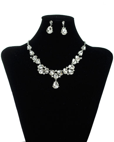 nyfashion101 Hanging Teardrop Clear Stone Necklace and Dangling Earrings Set in Silver-Tone