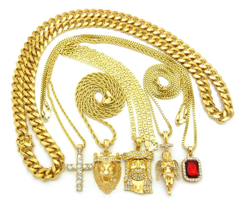 Nyfashion101 Hip-Hop Jewelry 5 Piece Pendant Set W/ Various Chain Necklaces In Gold-Tone