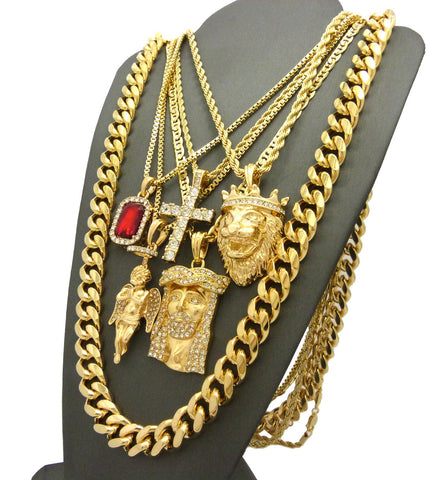 Nyfashion101 Hip-Hop Jewelry 5 Piece Pendant Set W/ Various Chain Necklaces In Gold-Tone