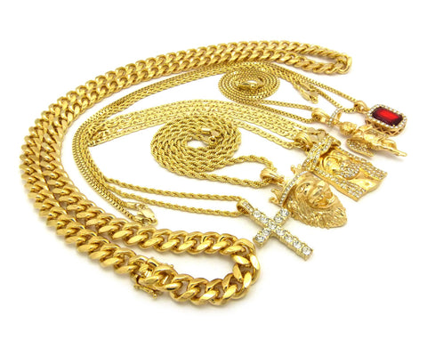 Nyfashion101 Hip-Hop Jewelry 5 Piece Pendant Set W/ Various Chain Necklaces In Gold-Tone