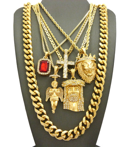 nyfashion101 Hip-Hop Jewelry 5 Piece Pendant Set w/ Various Chain Necklaces in Gold-Tone
