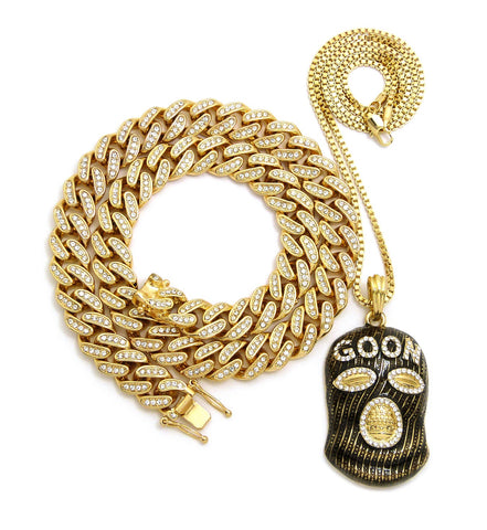 nyfashion101 Hip Hop Rapper's Style Iced Out Cuban Chain & Goon Ski Mask Man pendant with Box Chain Necklace Set nyfashion101 Hip Hop Rapper's Style Iced Out Cuban Chain & Goon Ski Mask Man pendant with Box Chain Necklace Set