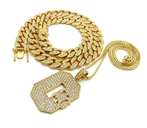 Nyfashion101 Hip Hop Rapper's Style Iced Out Cuban Chain & Stone Stud CMG Pendant With Box Chain Necklace Set