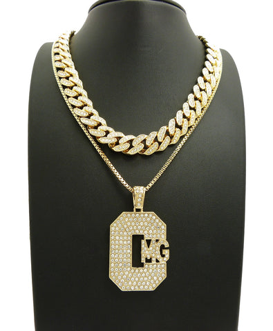 Nyfashion101 Hip Hop Rapper's Style Iced Out Cuban Chain & Stone Stud CMG Pendant With Box Chain Necklace Set