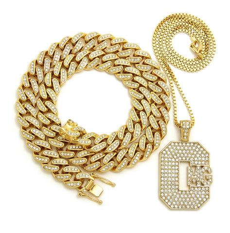 nyfashion101 Hip Hop Rapper's Style Iced Out Cuban Chain & Stone Stud CMG pendant with Box Chain Necklace Set nyfashion101 Hip Hop Rapper's Style Iced Out Cuban Chain & Stone Stud CMG pendant with Box Chain Necklace Set