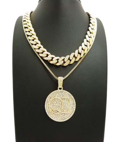 Nyfashion101 Hip Hop Rapper's Style Iced Out Cuban Chain & Stone Stud QC Pendant With Box Chain Necklace Set