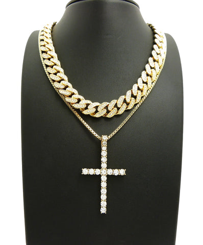 Nyfashion101 Hip Hop Rapper's Style Iced Out Cuban Chain & Stone Stud Cross Pendant With Box Chain Necklace Set