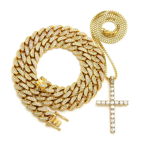 nyfashion101 Hip Hop Rapper's Style Iced Out Cuban Chain & Stone Stud Cross pendant with Box Chain Necklace Set nyfashion101 Hip Hop Rapper's Style Iced Out Cuban Chain & Stone Stud Cross pendant with Box Chain Necklace Set