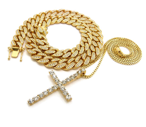 Nyfashion101 Hip Hop Rapper's Style Iced Out Cuban Chain & Stone Stud Cross Pendant With Box Chain Necklace Set