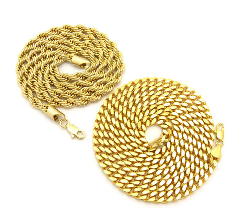 Nyfashion101 Hip-Hop Style 6mm 24" Rope Chain & 6mm 30" Box Cuban Chain Necklace Set Gold-Tone