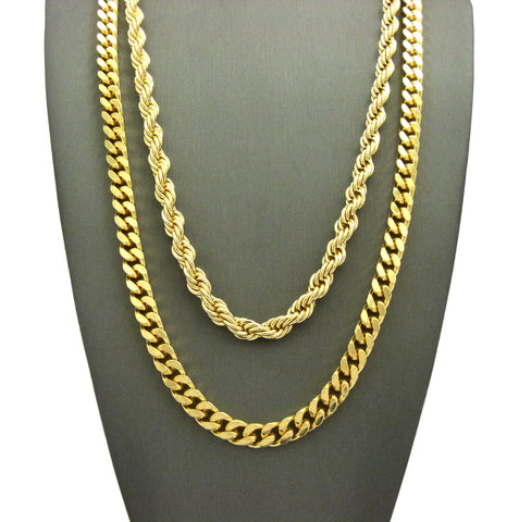 nyfashion101 Hip-Hop Style 6mm 24" Rope Chain & 6mm 30" Box Cuban Chain Necklace Set Gold-Tone