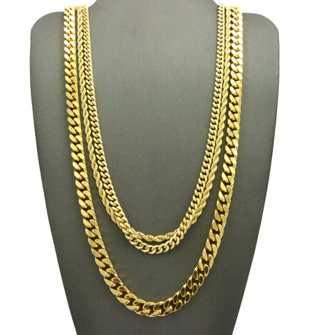 nyfashion101 Hip-Hop Style Rope Chain Cuban Chain & Box Cuban Chain Necklace Set Gold-Tone
