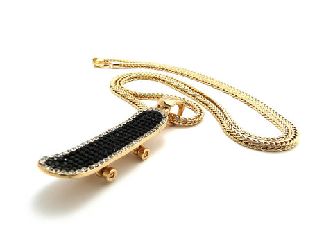 Nyfashion101 Iced Out Skateboard Pendant 4mm 36" Franco Chain Necklace In Black/Gold-Tone