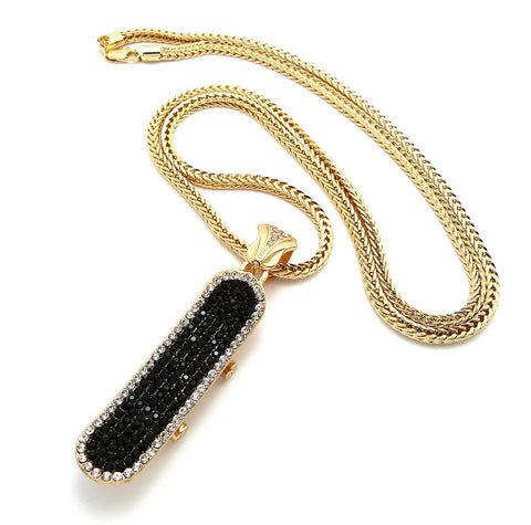 nyfashion101 Iced Out Skateboard Pendant 4mm 36" Franco Chain Necklace in Black/Gold-Tone