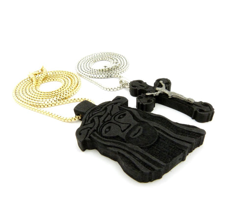 Nyfashion101 Jesus Face And Crucifix Black Wood Pendant W/ 2mm 24" & 30" Box Chain Neckaces