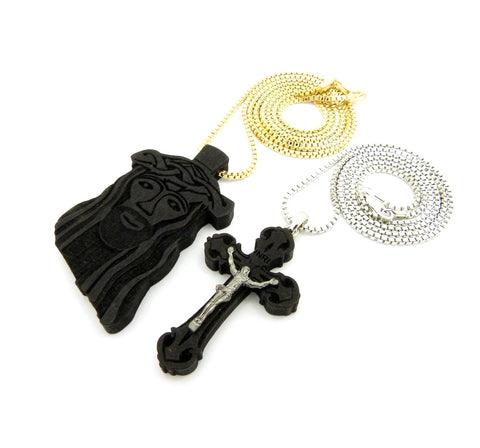 Nyfashion101 Jesus Face And Crucifix Black Wood Pendant W/ 2mm 24" & 30" Box Chain Neckaces