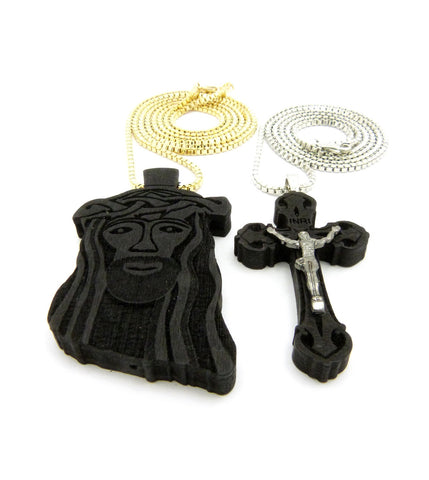 Nyfashion101 Jesus Face And Crucifix Black Wood Pendant W/ 2mm 24" & 30" Box Chain Neckaces