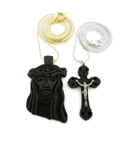 nyfashion101 Jesus Face and Crucifix Black Wood Pendant w/ 2mm 24" & 30" Box Chain Neckaces