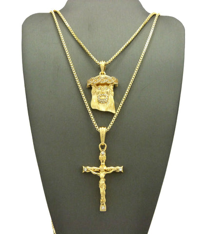 Nyfashion101 Jesus Face & Slim Crucifix Jesus Pendant Set W/ 2mm 24" & 30" Box Chains In Gold-Tone