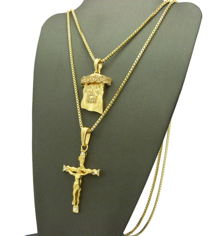 Nyfashion101 Jesus Face & Slim Crucifix Jesus Pendant Set W/ 2mm 24" & 30" Box Chains In Gold-Tone