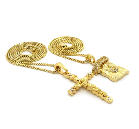 Nyfashion101 Jesus Face & Slim Crucifix Jesus Pendant Set W/ 2mm 24" & 30" Box Chains In Gold-Tone