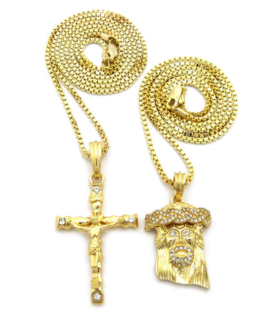 nyfashion101 Jesus Face & Slim Crucifix Jesus Pendant Set w/ 2mm 24" & 30" Box Chains in Gold-Tone