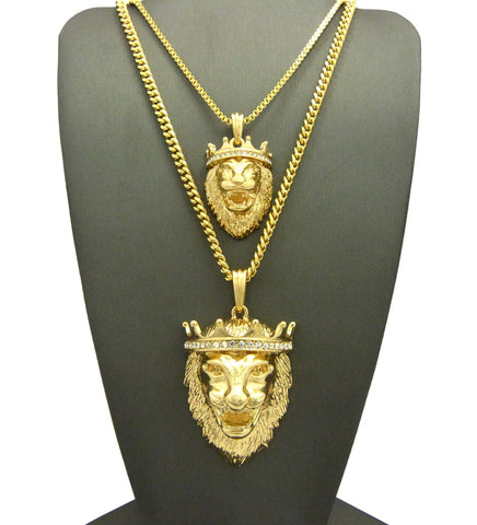 nyfashion101 King Lion Pendant Set w/ Rope and Cuban Chain Necklaces in Gold-Tone