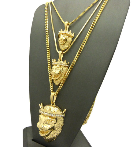 Nyfashion101 King Lion Pendant Triple Set W/ Rope Snake And Cuban Chain Necklaces In Gold-Tone
