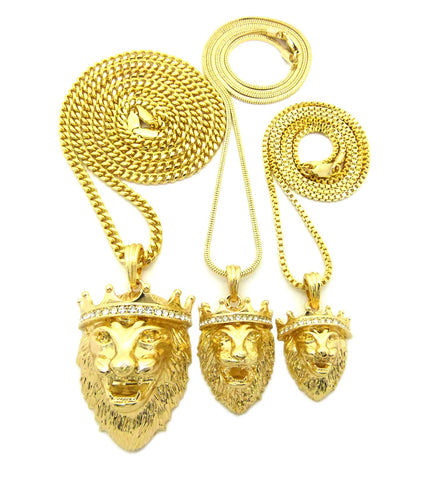 Nyfashion101 King Lion Pendant Triple Set W/ Rope Snake And Cuban Chain Necklaces In Gold-Tone