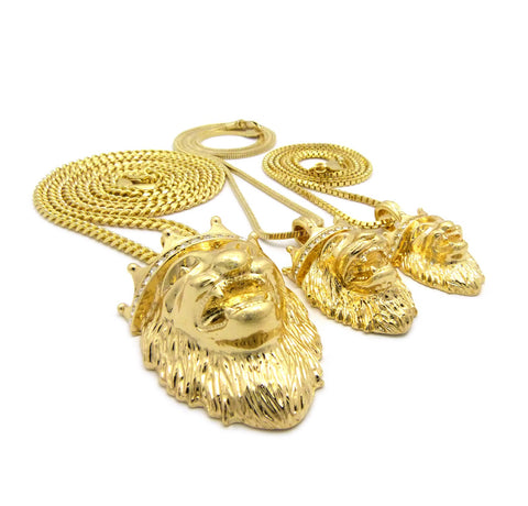 Nyfashion101 King Lion Pendant Triple Set W/ Rope Snake And Cuban Chain Necklaces In Gold-Tone