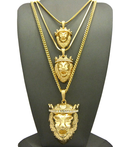 nyfashion101 King Lion Pendant Triple Set w/ Rope Snake and Cuban Chain Necklaces in Gold-Tone