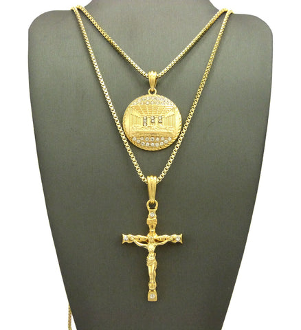 Nyfashion101 Last Supper Medal Pendant & Slim Crucifix Jesus Pendant Set W/ 2mm 24" & 30" Box Chains In Gold-Tone