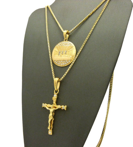 Nyfashion101 Last Supper Medal Pendant & Slim Crucifix Jesus Pendant Set W/ 2mm 24" & 30" Box Chains In Gold-Tone