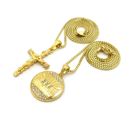 Nyfashion101 Last Supper Medal Pendant & Slim Crucifix Jesus Pendant Set W/ 2mm 24" & 30" Box Chains In Gold-Tone