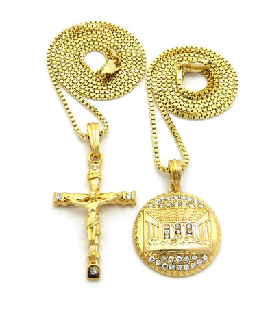 nyfashion101 Last Supper Medal Pendant & Slim Crucifix Jesus Pendant Set w/ 2mm 24" & 30" Box Chains in Gold-Tone