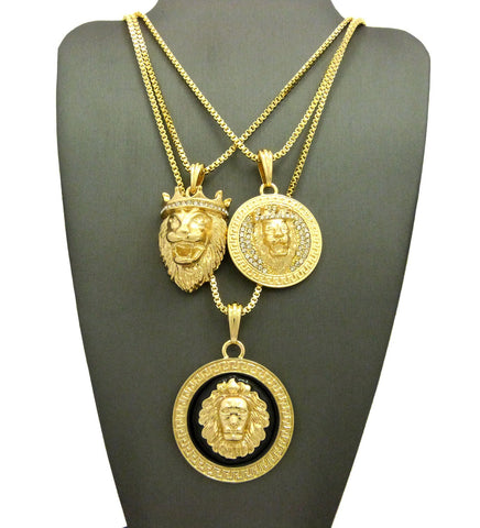 Nyfashion101 Lion Head Trio Pendant Set With Gold-Tone Box Chain Necklaces