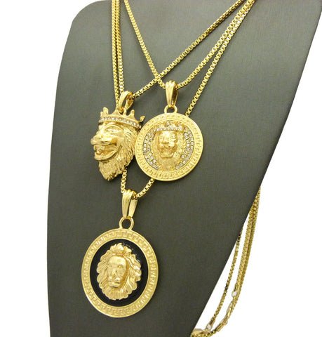 Nyfashion101 Lion Head Trio Pendant Set With Gold-Tone Box Chain Necklaces