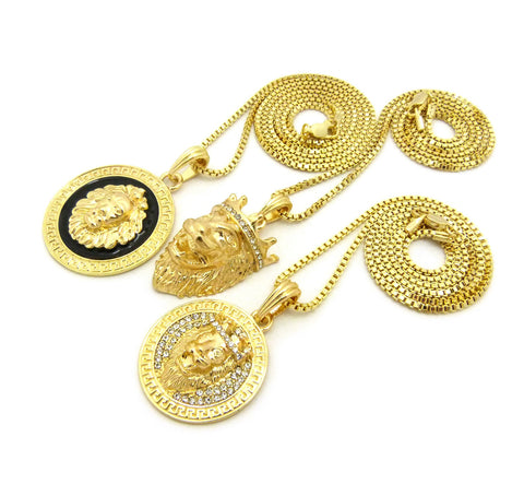 Nyfashion101 Lion Head Trio Pendant Set With Gold-Tone Box Chain Necklaces
