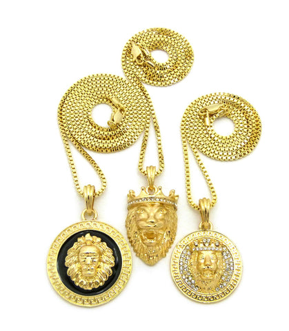 nyfashion101 Lion Head Trio Pendant Set with Gold-Tone Box Chain Necklaces