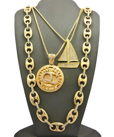 Nyfashion101 Mariner Chain Stone Stud Sailboat & Micro Initials QC Pendant Set W/Box Chain Necklaces Gold-Tone