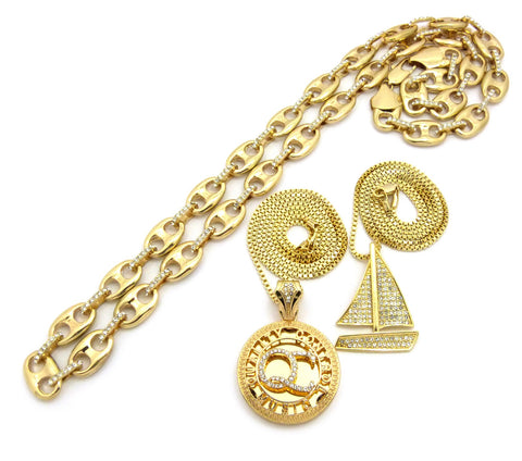 nyfashion101 Mariner Chain Stone Stud Sailboat & Micro Initials QC Pendant Set w/Box Chain Necklaces Gold-Tone
