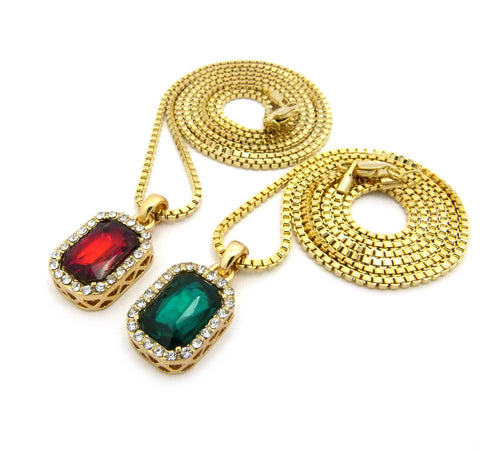 Nyfashion101 Micro Faux Ruby & Faux Emerald Stone Pendant Set 2mm 24" & 30" Box Chain Necklace In Gold-Tone