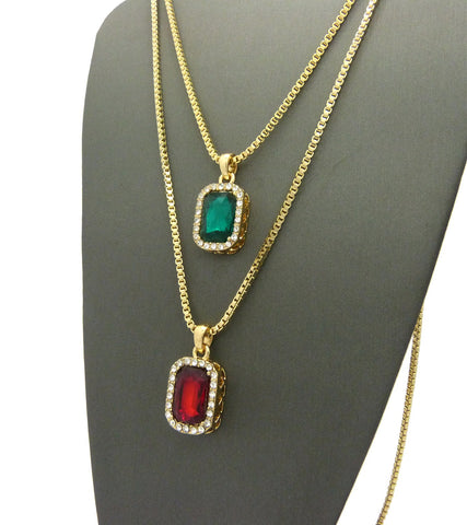 Nyfashion101 Micro Faux Ruby & Faux Emerald Stone Pendant Set 2mm 24" & 30" Box Chain Necklace In Gold-Tone