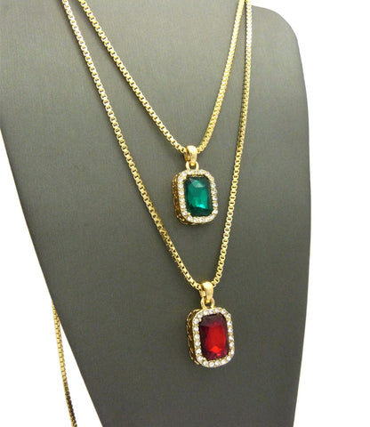 Nyfashion101 Micro Faux Ruby & Faux Emerald Stone Pendant Set 2mm 24" & 30" Box Chain Necklace In Gold-Tone